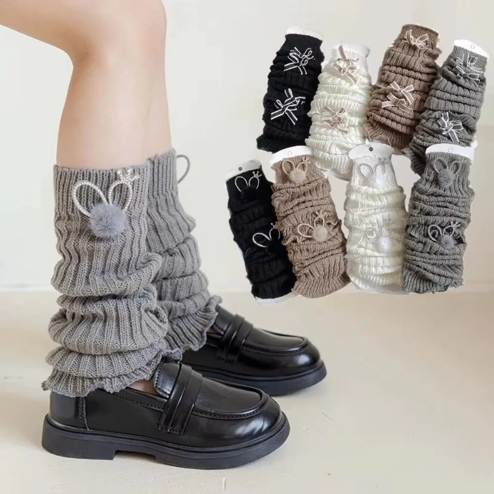 

New Cute Rabbit Ear Leg Warmers Socks Ball Ruffles Children Pile Sock Knitted Children's Long Socks Boot Sleeve Y2k Girls