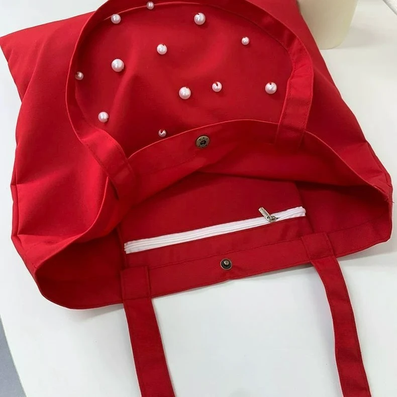 

2025 Autumn Japanese Korean Niche New Pearl Canvas Bag for Women Large Capacity Red Tote Bags