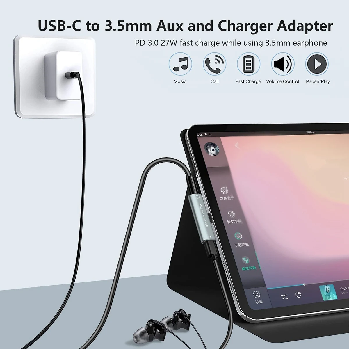 2 in 1 Headphone Adapter, USB C to 3.5mm Audio and Charging Adapter with PD 60W Fast Charge for Sam Sung S22 S21 S20+