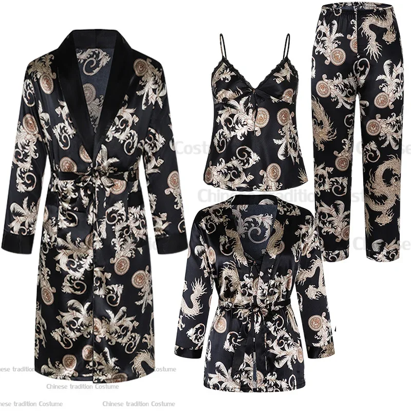 

Couple Pajamas Suit Women Satin Nightwear Male Long Sleeve Kimono Print Sling Top&pants Cardigan Loungewear Wedding Party Outfit