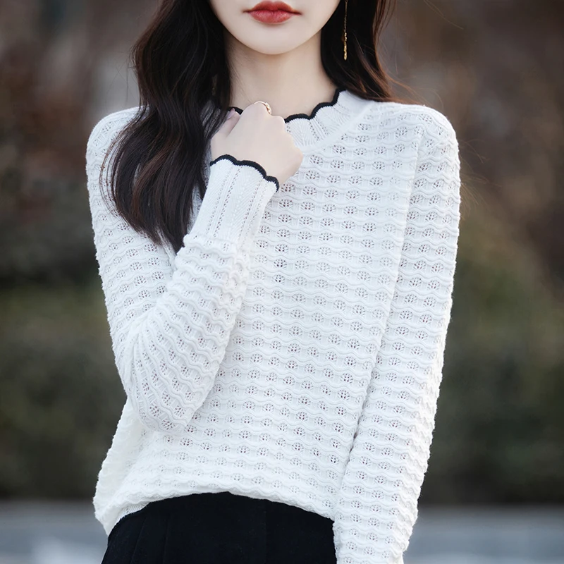 Pull en Coton Pur à Manches Longues pour Femme, Col en Dentelle, Élégant, Doux, Creux, Tendance, Chemise de Base pour le Printemps et l'Automne