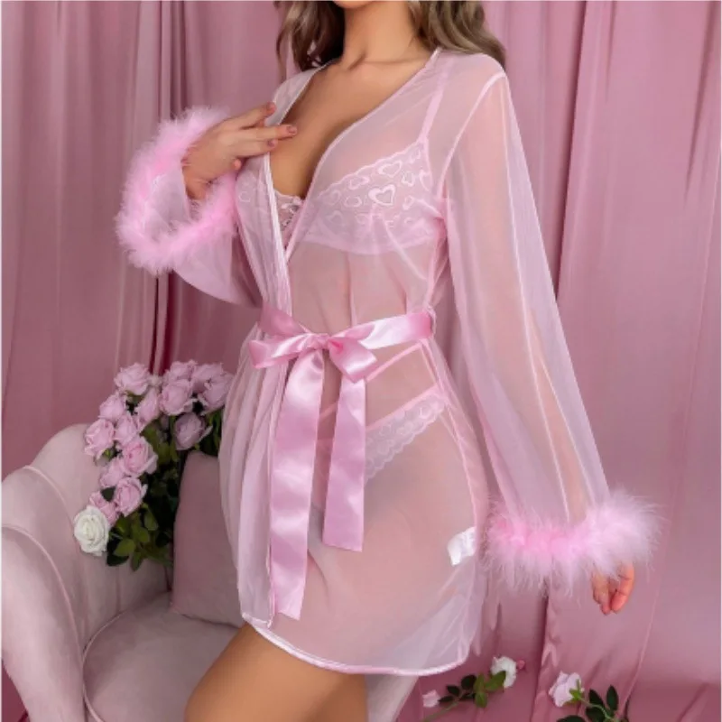 Sheer Mesh Robe Fluffy Cuff Long Sleeve Lace Push Up Bra Strappy Thong Panties Set Women Sensual Sleepwear for Night Party