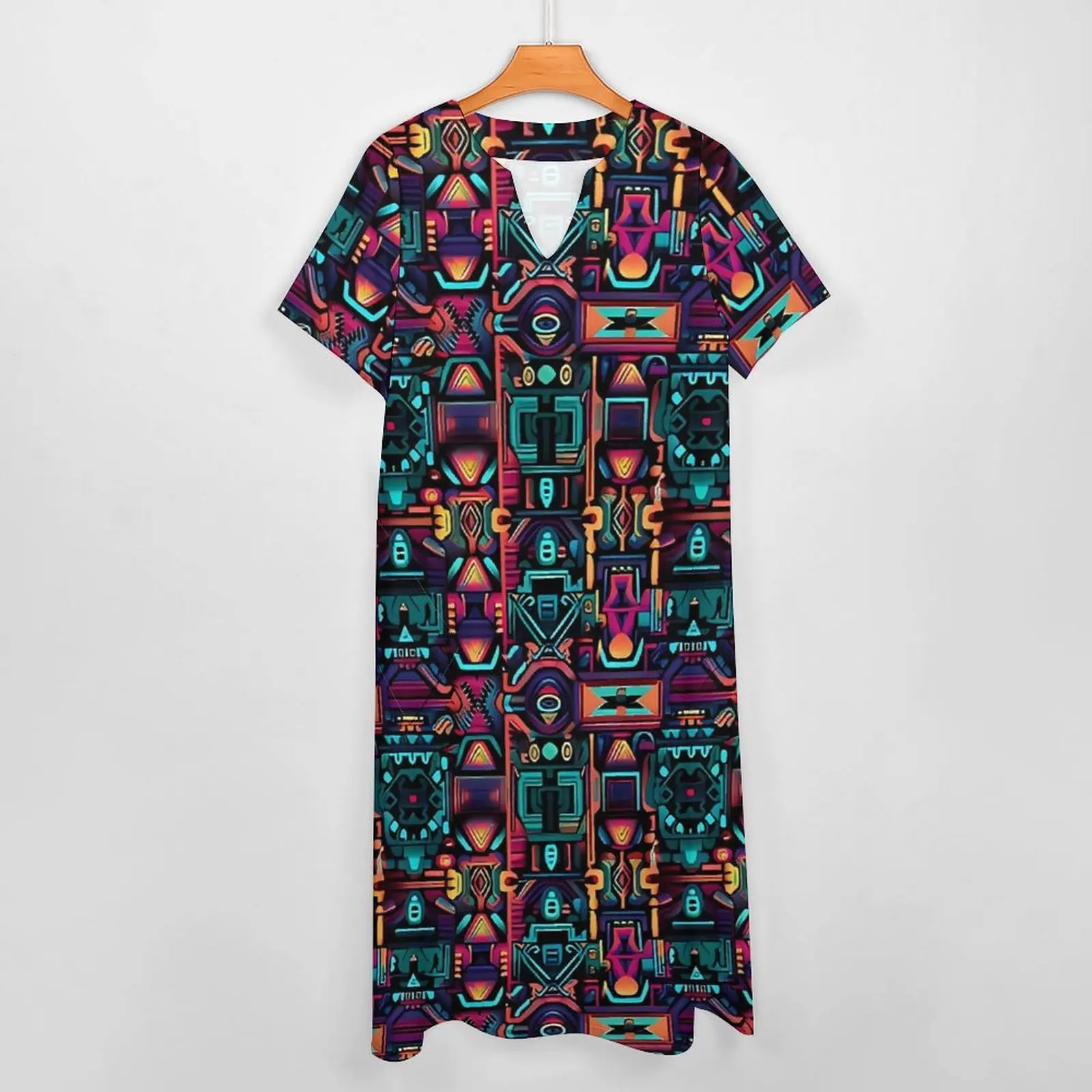 Vintage Aztec Art Pattern Dress  Elegant Maxi Dress V Neck Graphic Boho Beach Long Dresses Street Wear Oversize Vestido