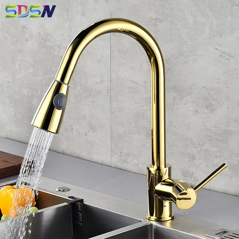 Gold Pull Out Kitchen Faucet Stainless Steel Hot Cold Kitchen Sink Mixer Tap Luxury Golden Pull Down Kitchen Mixer Faucets