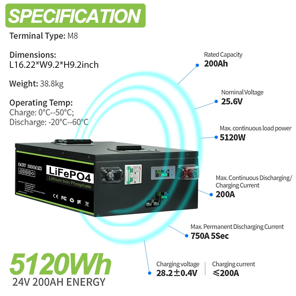 Plus 24v 200ah Lifepo4 Battery Pack Built-in 200A BMS 24v 100Ah 12V 400Ah Lithium Ion Battery For Boat Solar System Tax Free