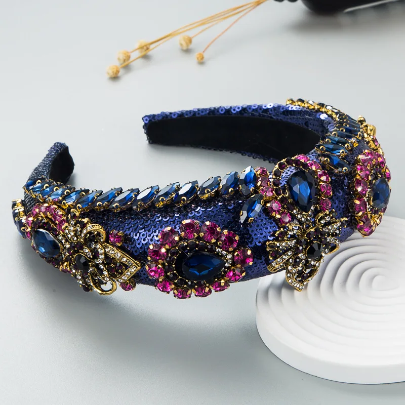 Handmade Hair Accessories Baroque Luxury Black Blue Crystal Hairband Rhinestone Women Crown Headbands For Wedding Party