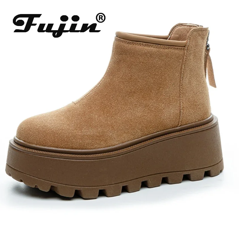 Fujin 8cm Suede Cow Genuine Leather Fashion Women Winter Plush Autumn Boots Spring Shoes Ankle Booties Platform Wedge Chimney