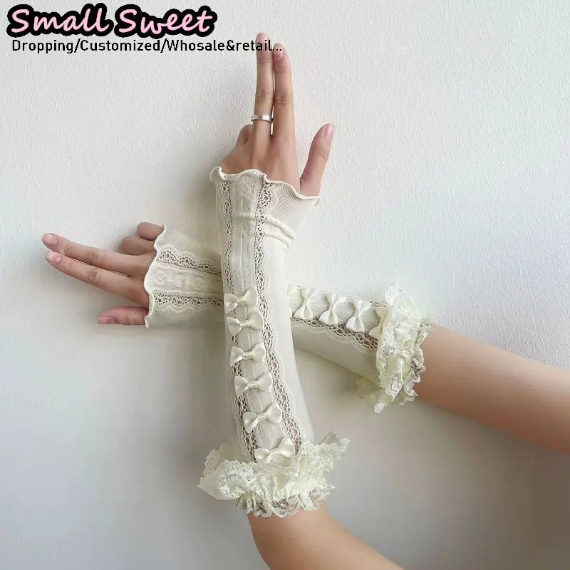 

Women's Japanese Style Lolita Arm Sleeves Harajuku Lace Gloves with Bow Sun Protection Sweet Fingerless Arm Covers
