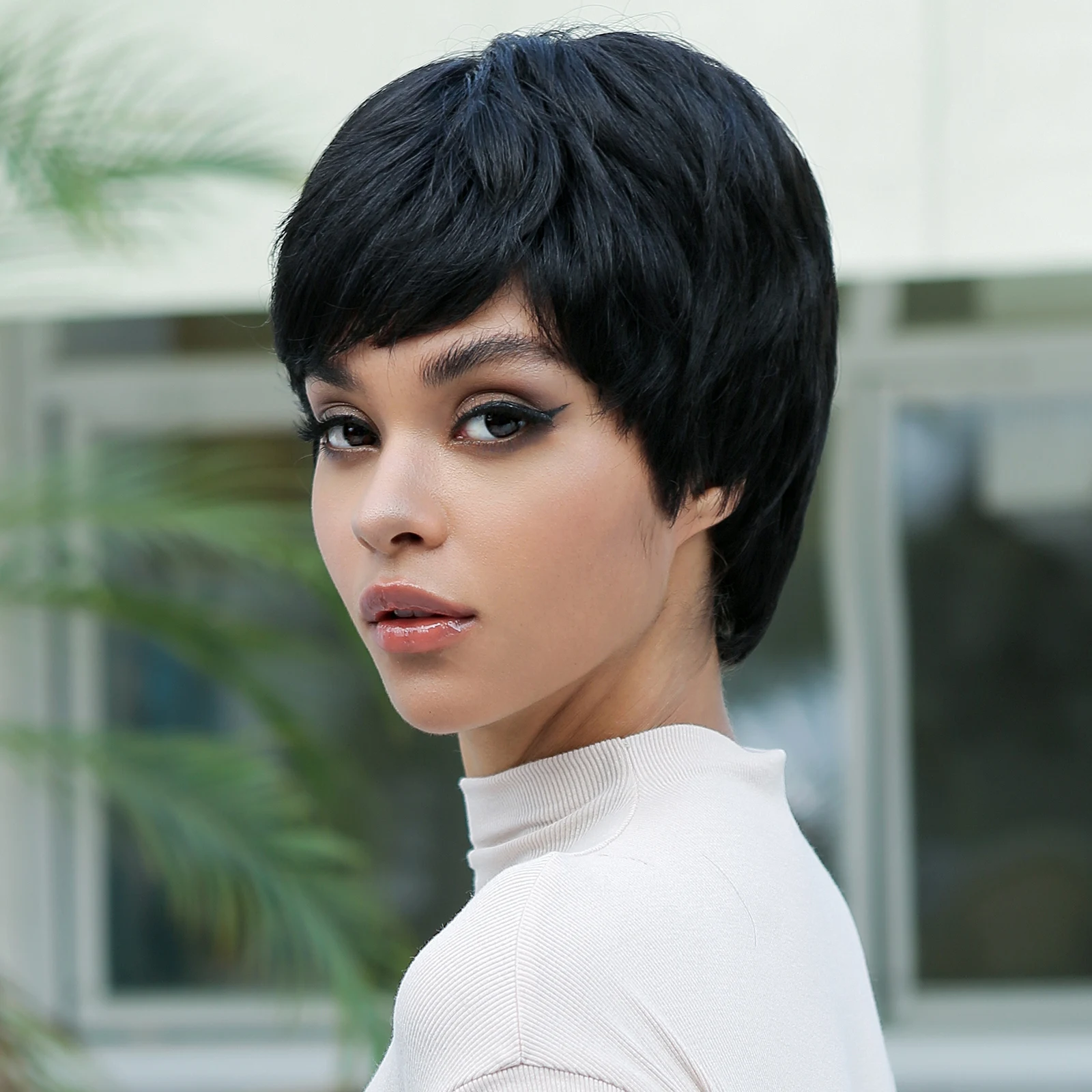 Short Pixie Cut Human Hair Natural Black Remy Human Hair Wig for Black Women Straight Layered Machine Made Cheap Wig