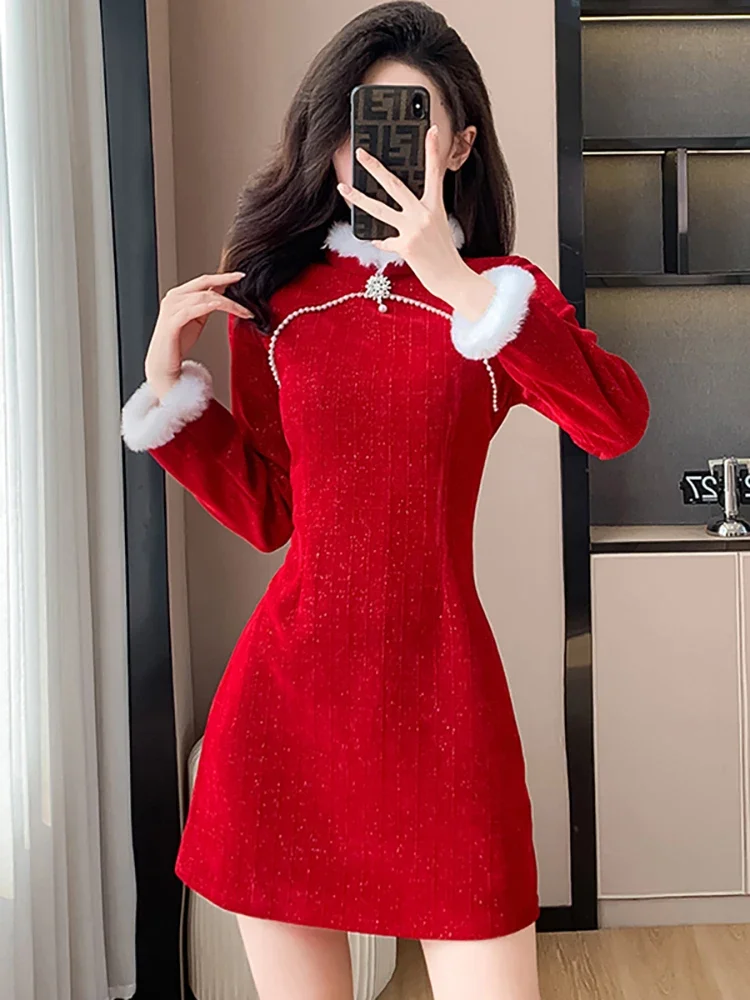 Women Red Bright Velvet Chic Dress for Special Events Autumn Winter Thick Warm Prom Dresses 2024 Korean Fashion Elegant Vestidos