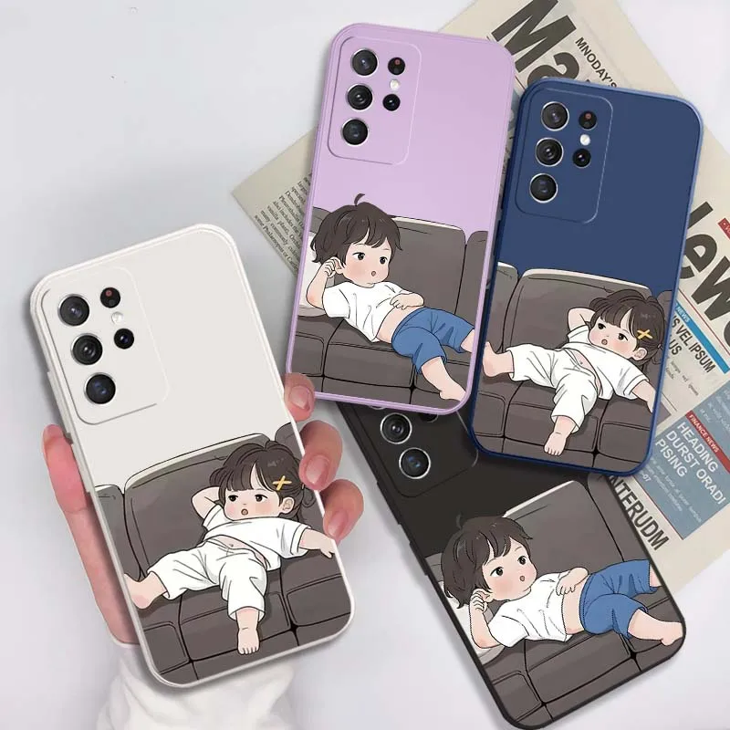 Cartoon Girl Sofa Couple Cover For Samsung Galaxy S22 S21 S20 S10 S10E Plus Ultra Lite FE 5G Soft Phone case