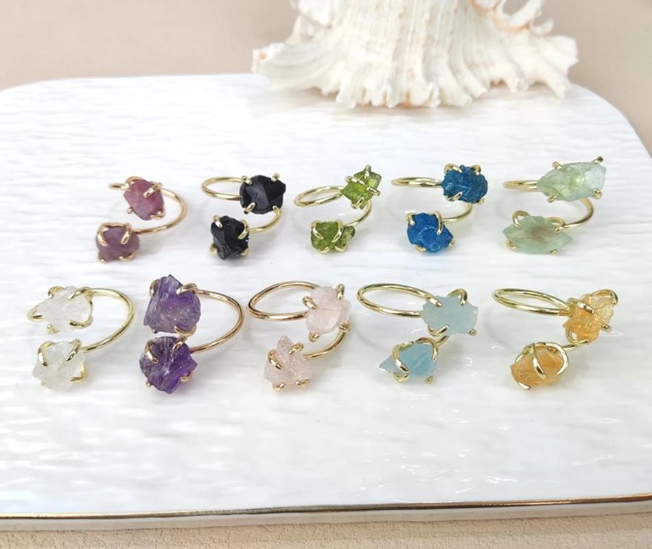 Anillo Abierto de Cristal Natural Irregular con Amatista, Peridoto y Citrino, Anillo con 2 Gemas y Garras, Joyería para Mujer, Regalo para Fiestas