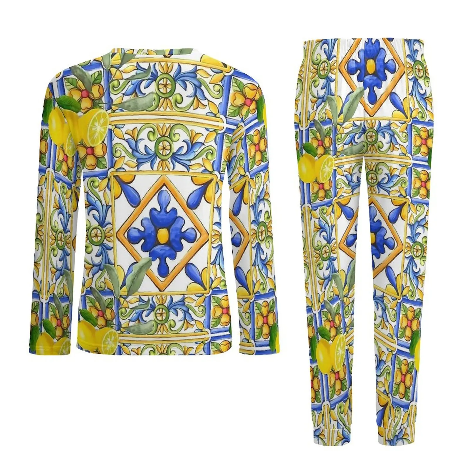 Majolica-Pyjama 2 Pièces à Motif de Citron pour Homme, Vêtements de Nuit à Carreaux et Fleurs, Manches sulf, Ensemble Personnalisé pour Chambre à Coucher, Grande Taille 6XL, Hiver