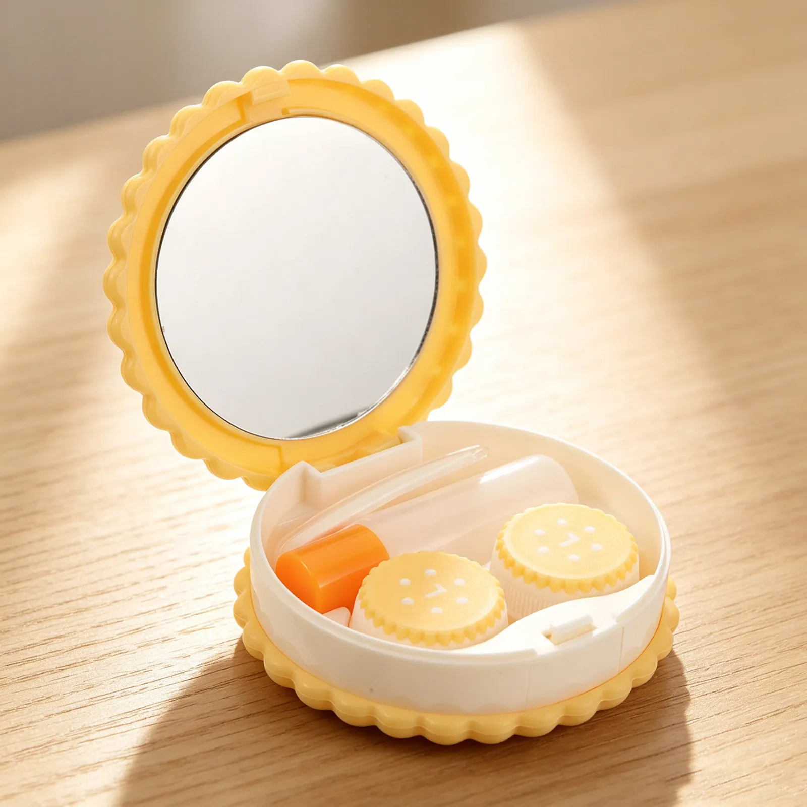 1Set Contact Lens Case Portable Round Compact Leakproof Biscuit Shape Storage Box Tweezers Holder Travel Lens Organizer
