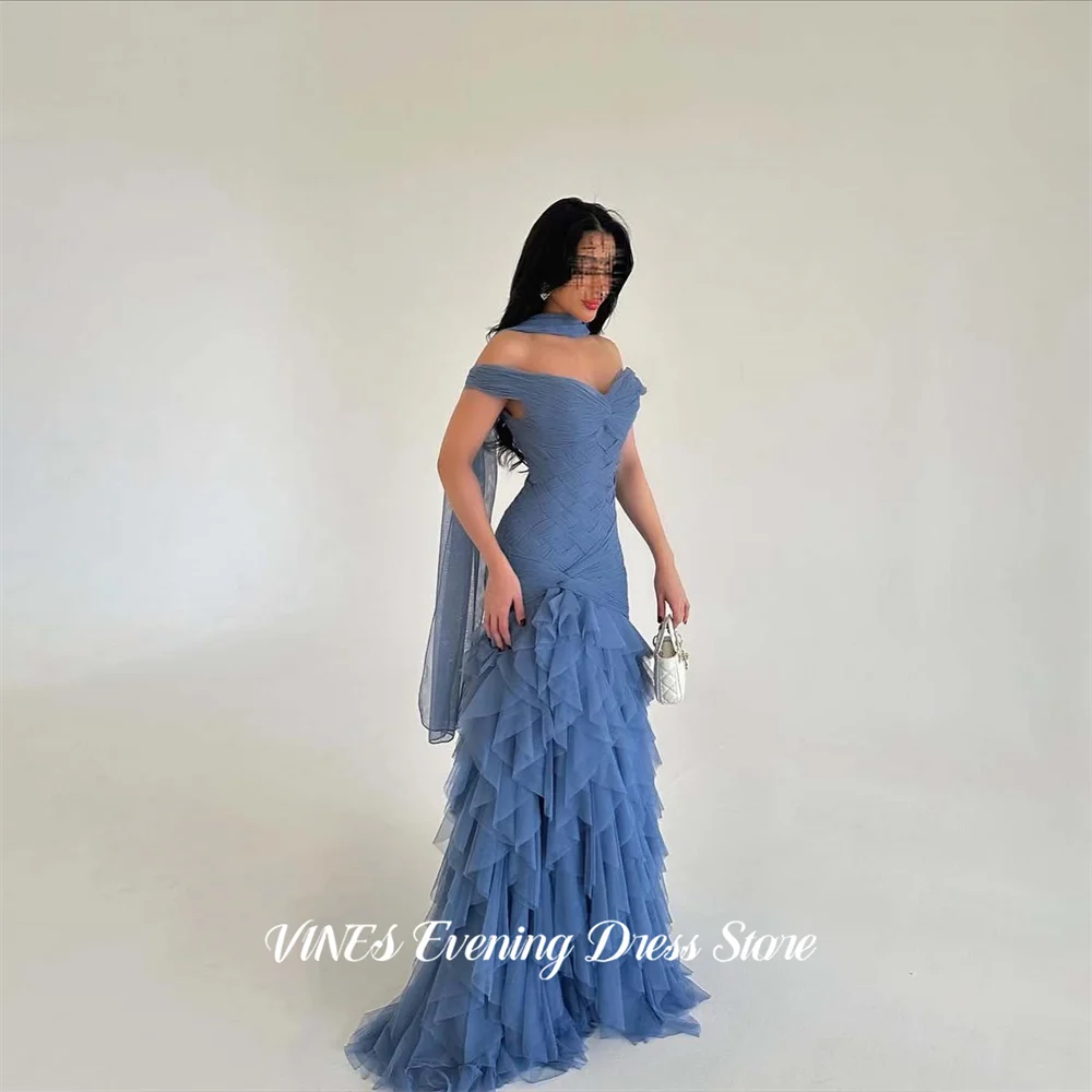 

VINES Dusty Blue Party Dress Off Shoulder فساتين السهرة A Line Tulle Night Dress Tiered Ruffled Prom Dress Customiz