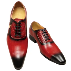 Zapatos de cuero de negocios para hombre, calzado con cordones, rojo y negro, tallado a mano, Oxford, oficina, aniversario, moda de verano, novedad