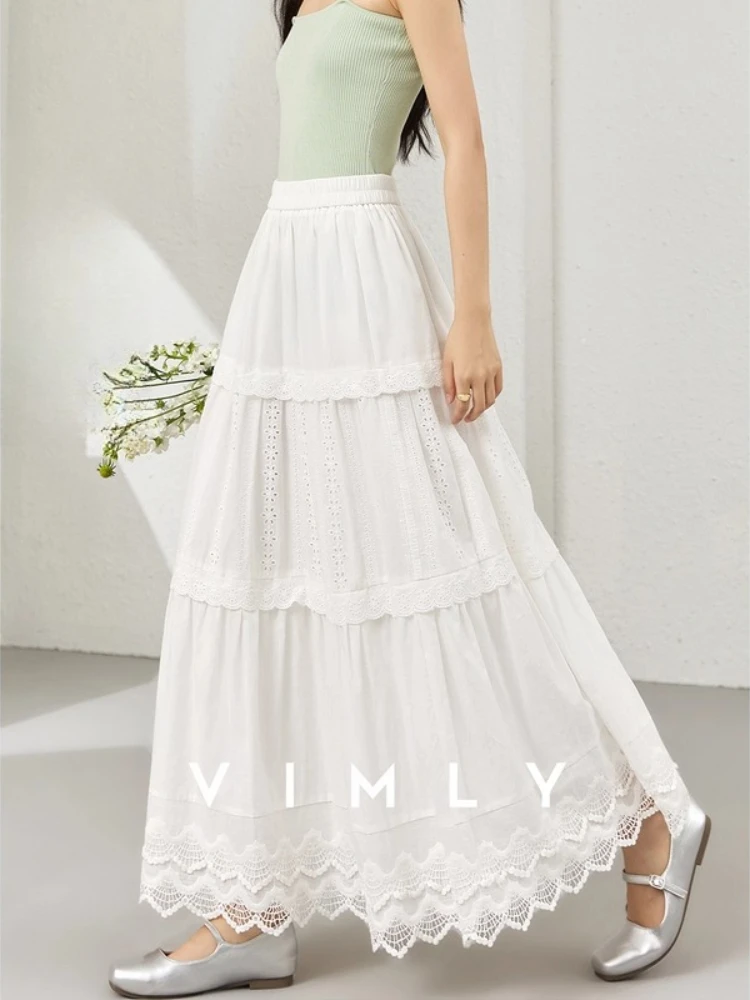 

VIMLY White Midi Skirt Women's Autumn 2025 Elegant 100% Cotton Lace Splicing Embroider Female A-line Skirt Woman Clothing A1973