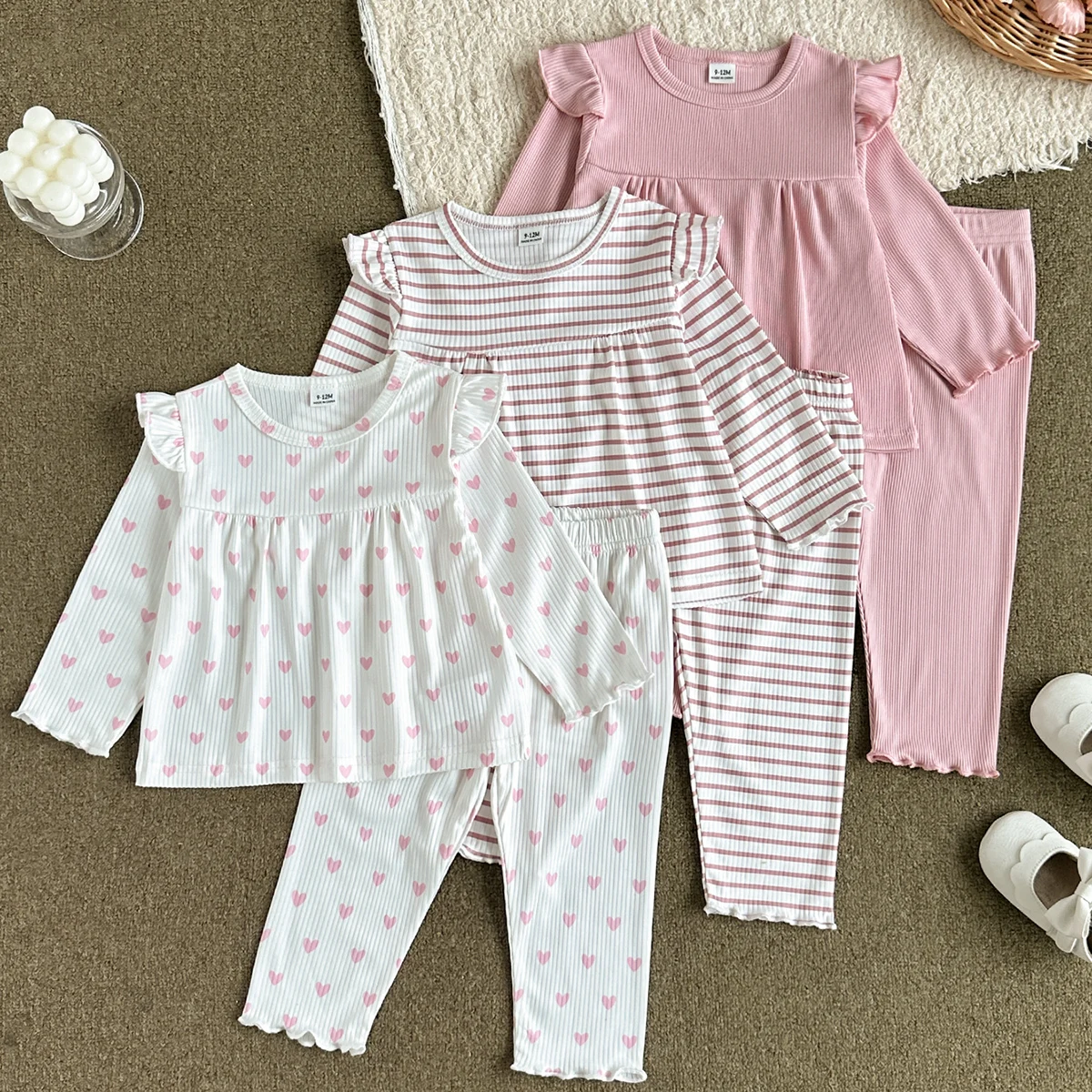 6-piece set of sweet princess homewear for baby and toddler in spring and autumn, with round neck and ruffled hem pants and paja