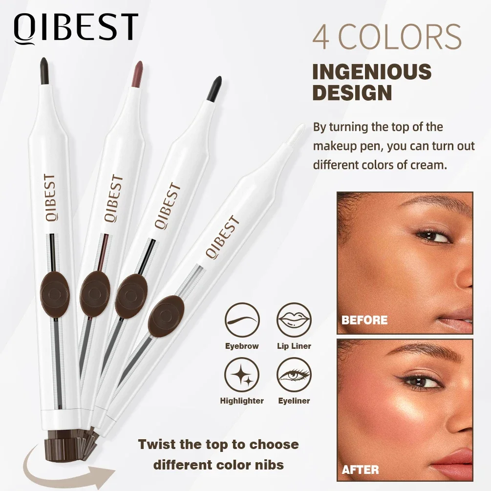 QIBEST Multi Use 4-IN-1 Makeup Pen Include Eyeliner,Lip liner,Eyebrow pencil And Highlighter In Stick Lasting Face Cosmetics