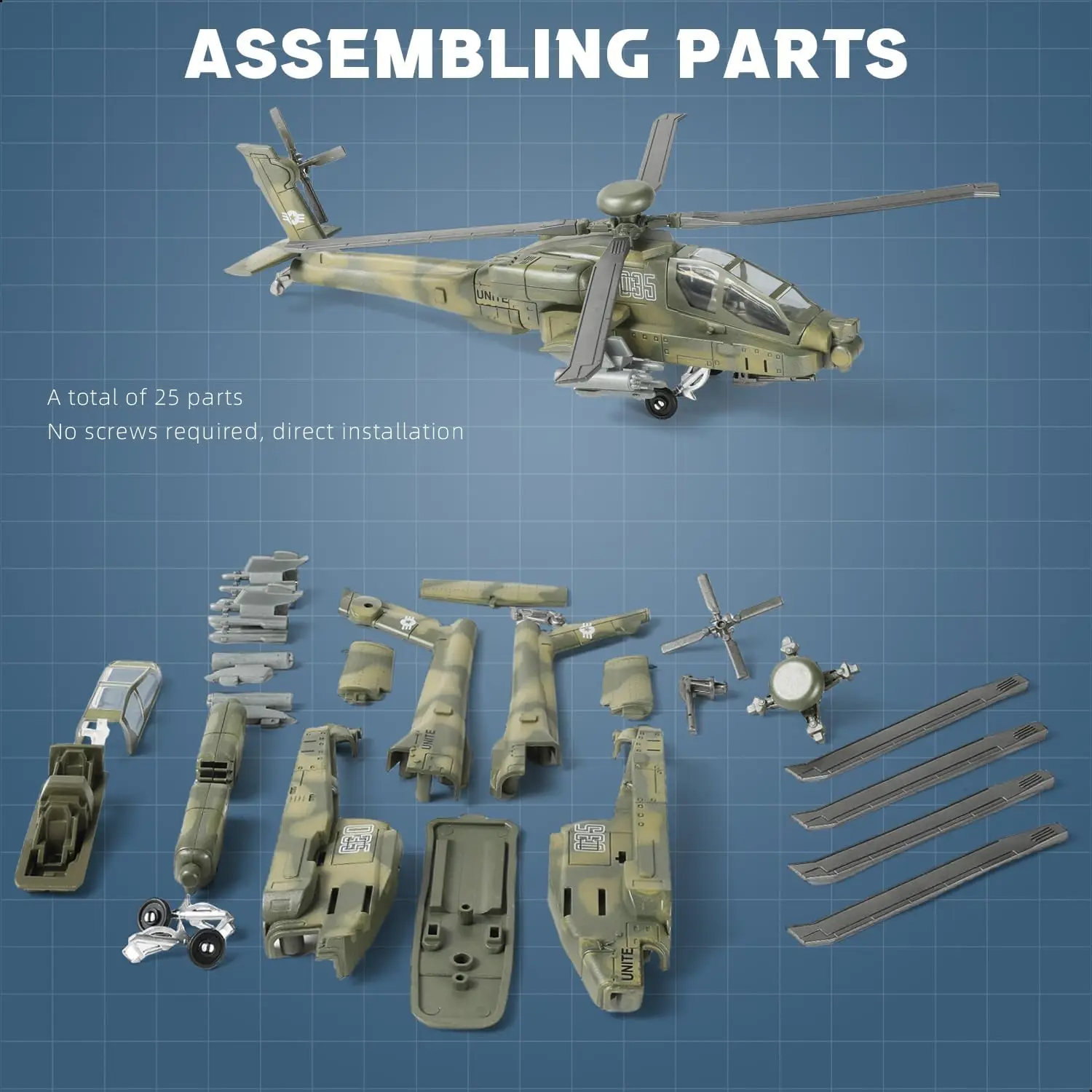 1:72 Scale AH-64 Apache Quick Build Helicopter Model Kit Plastic Toy Assembly Military Helicopter Model Gift for Kids