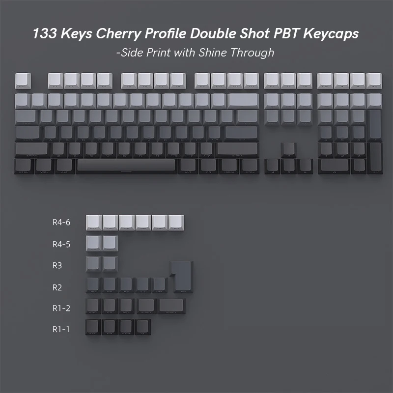 Grey Double Shot PBT Keycaps 133 Keys Shine Through Side Printed Keycaps Cherry Profile for Cherry Gateron MX Switches Keyboard