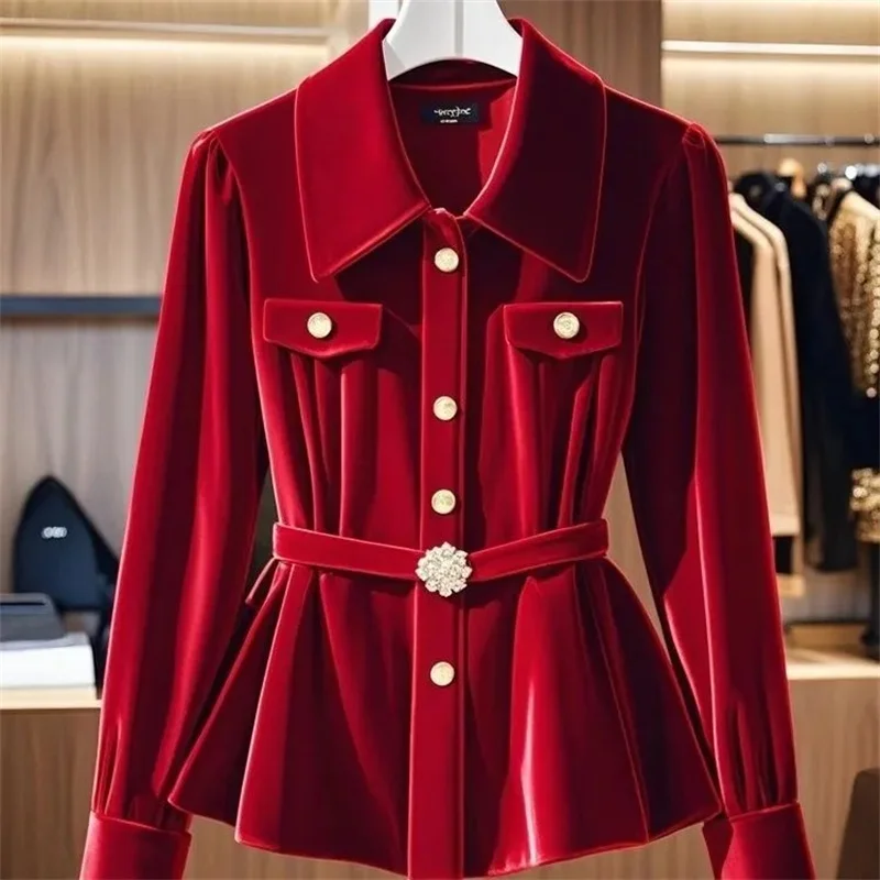 

2025 Spring Autumn New Red Velvet Shirt Top For Women High-End Feel Super Beautiful Small Fragrance Style Waist Shirt Jacket