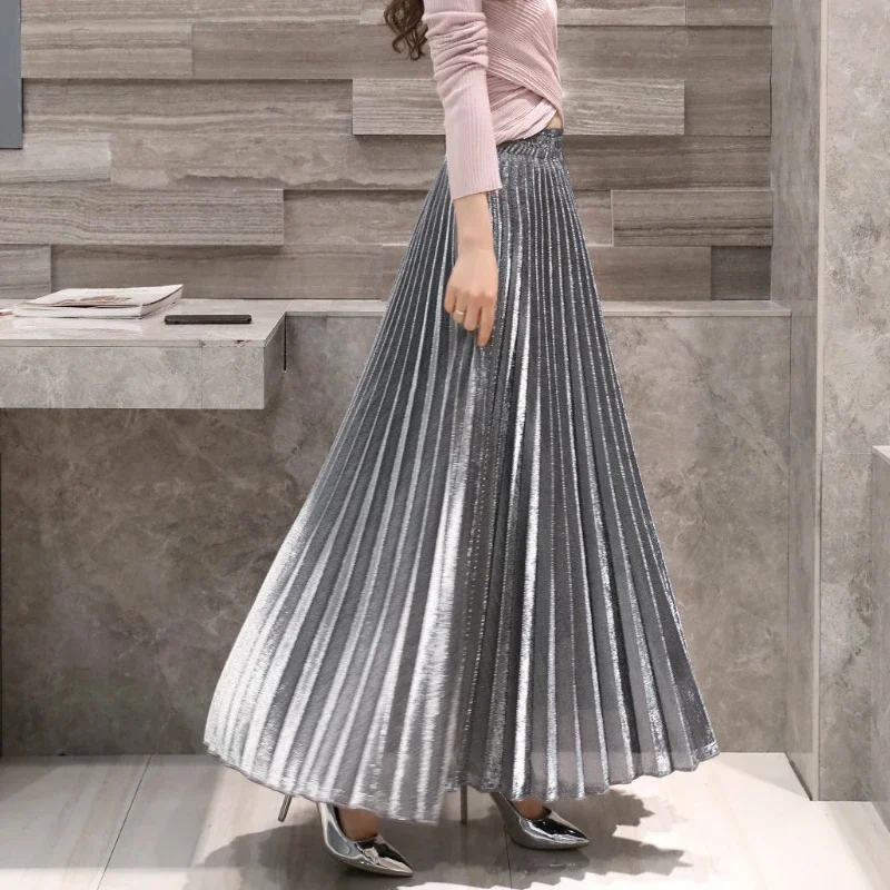 Spring Shine Pleated Ankle Long Skirt Skirt Metallic Golden Silver Beach A-line Maxi Long Skirts Burgundy Blue