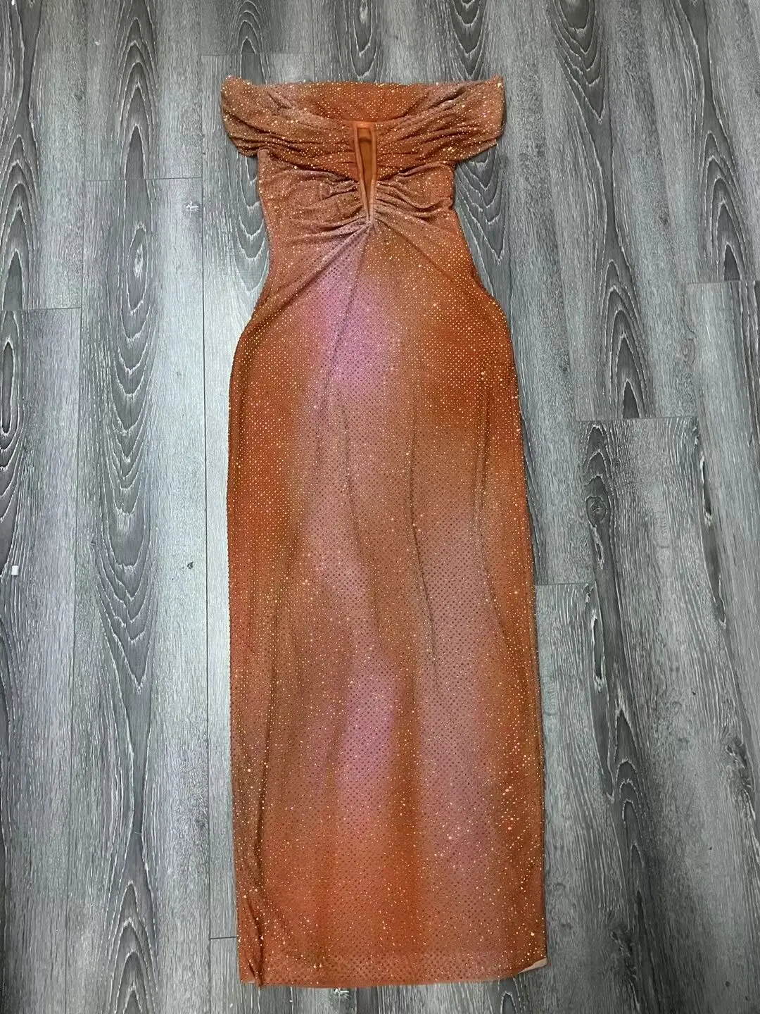 Spring/Summer New Orange Gradient Big V-neck Hot Diamond Long Dress