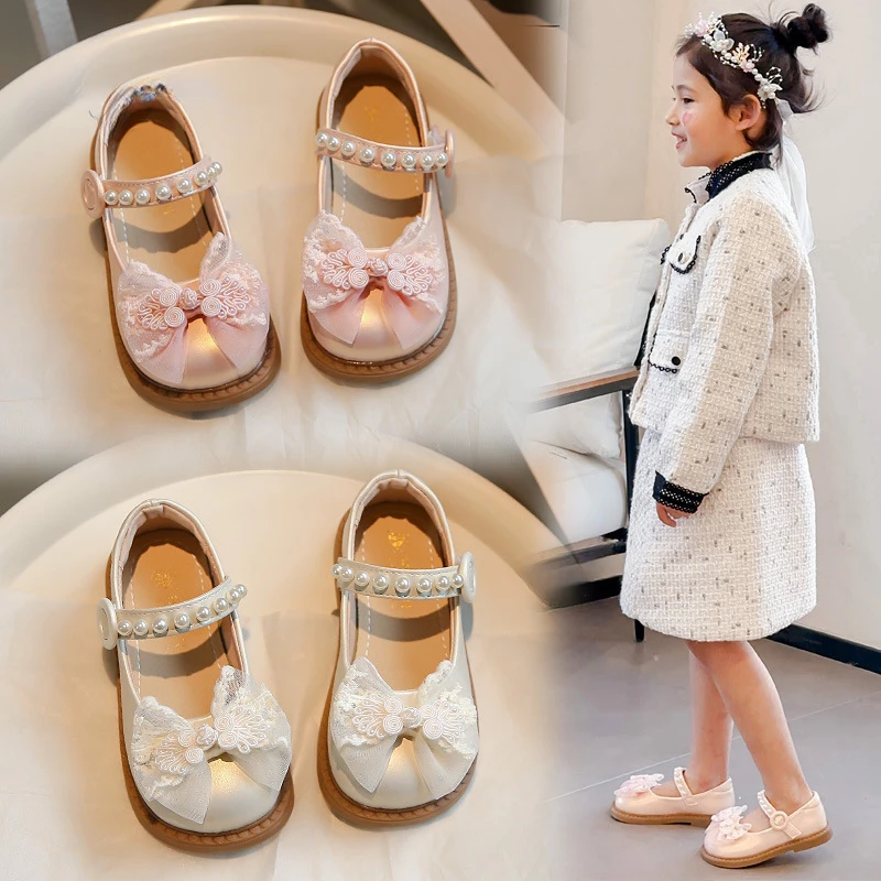 Girls' Princess Shoes 2024 Spring Autumn New Bow Children's Non-slip Soft-soled Beaded PU Leather Loafer Size 23-34