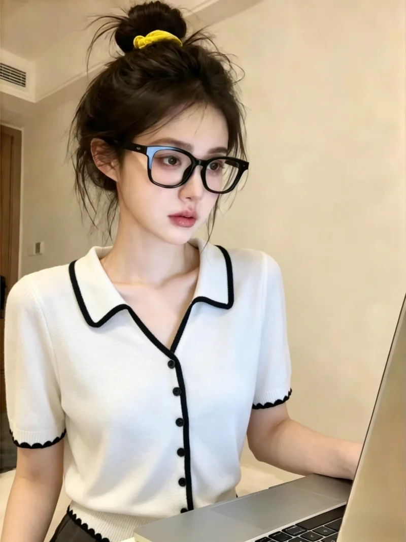 

Korean Style Short Sleeve Knitted Shirt Women's Loose Casual Single Button Summer Top Self-Keeping Simple Collar Design