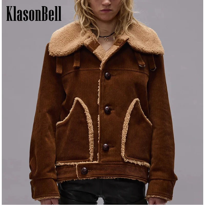 10.12 KlasonBell Women\'s Fashion Plush Lining Lapel Keep Warm Corduroy Jacket Weave Button Single Breasted Gig Pocket Coat