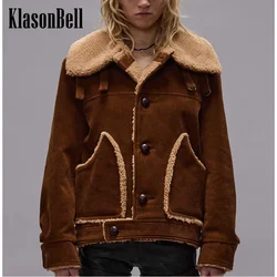 10.12 KlasonBell Women's Fashion Plush Lining Lapel Keep Warm Corduroy Jacket Weave Button Single Breasted Gig Pocket Coat