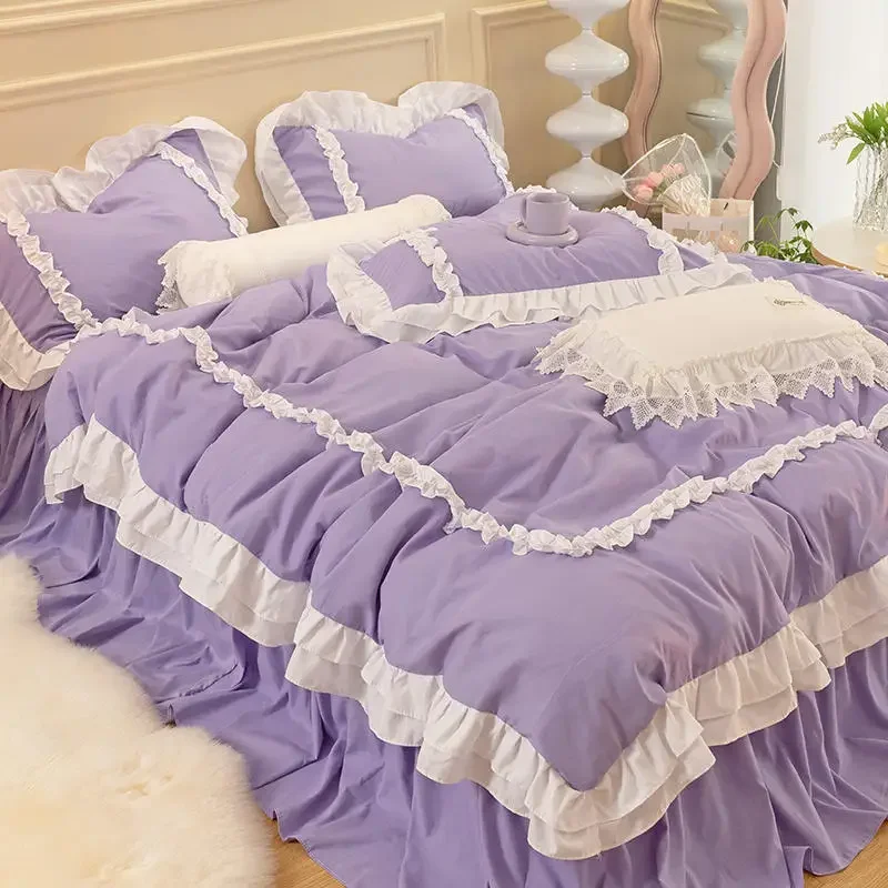 INS Korean Princess Style Bedding Kawaii Ruffle Lace Bed Skirt Duvet Cover Solid Color Queen Size For Girls Woman Home Textiles