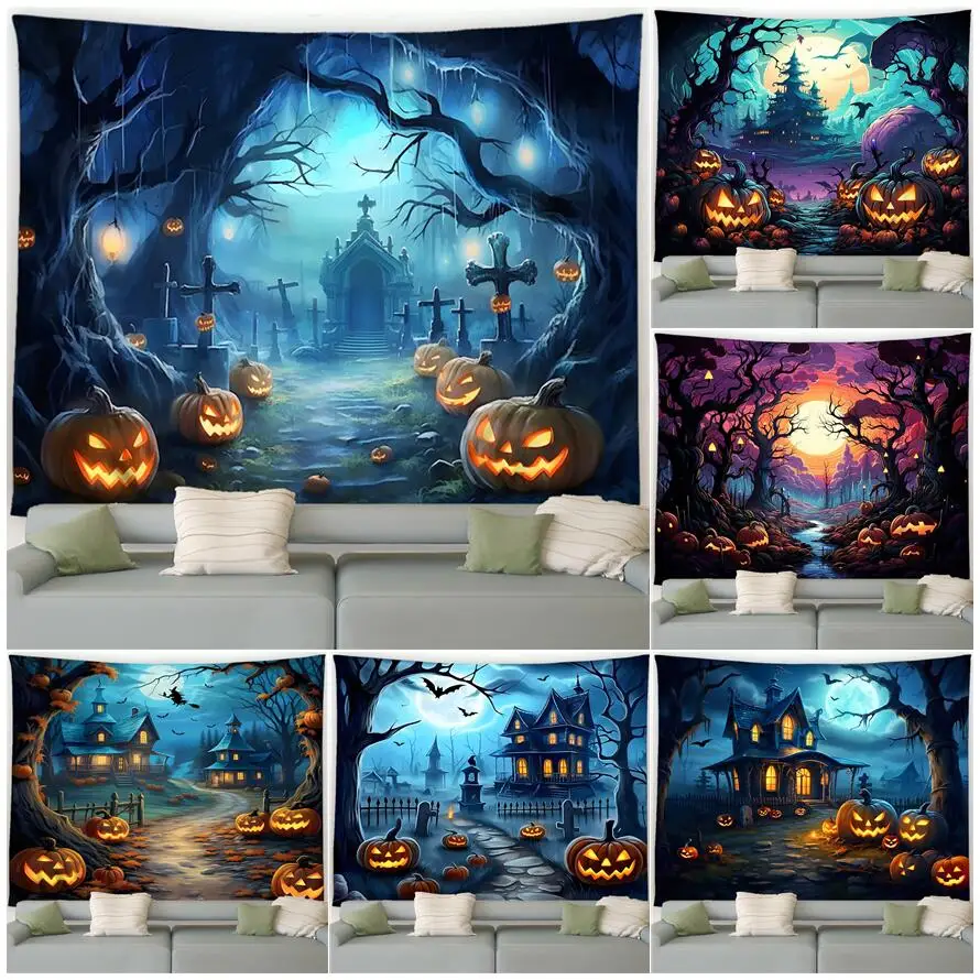 Halloween Tapestry Pumpkin Forest Castle Dead Tree Bat Tombstone Horror Night Landscape Home Living Room Sofa Decor Wall Hanging