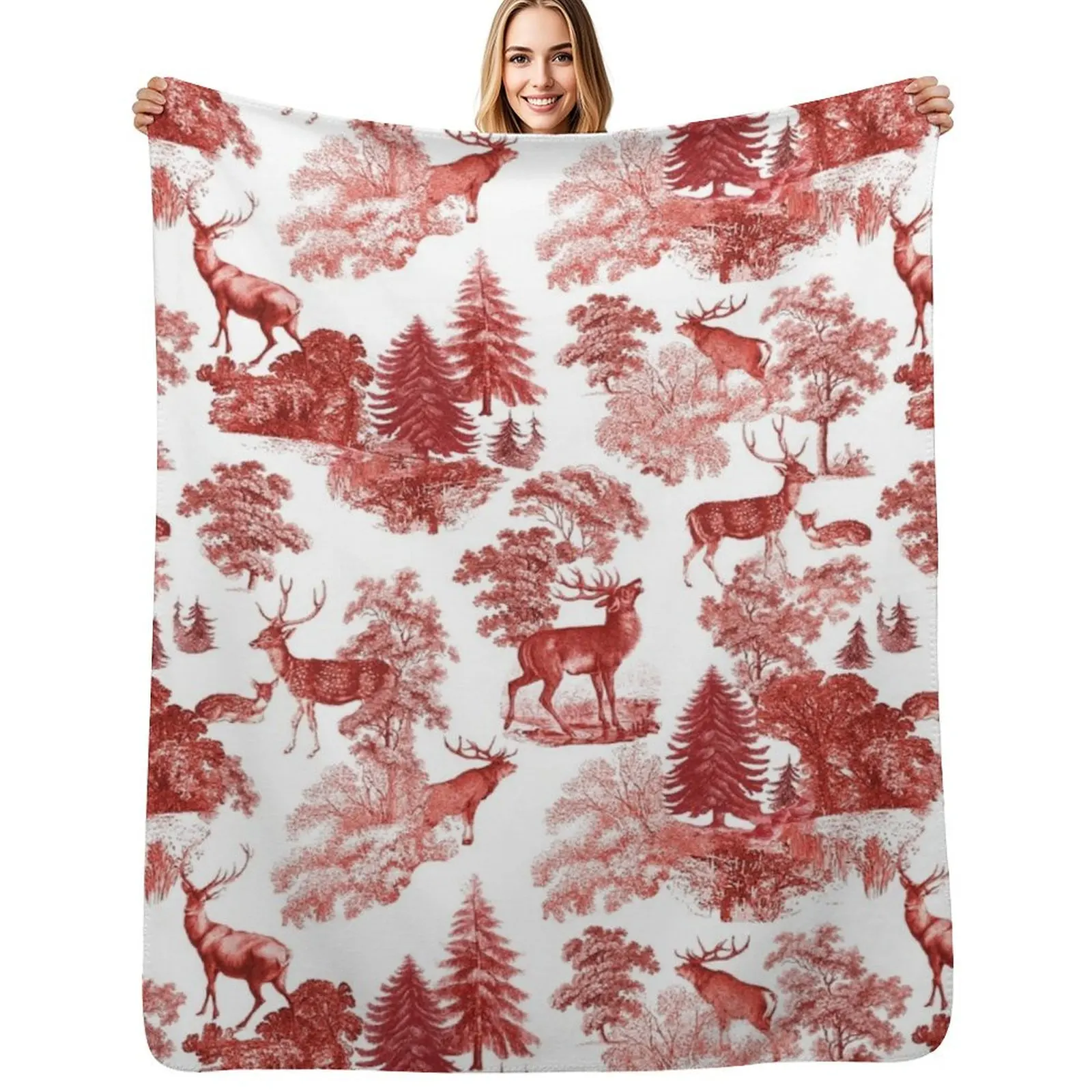 Elegant Vintage Red Deer Country Toile Throw Blanket Warm Accent Blanket for Living Room Decoration