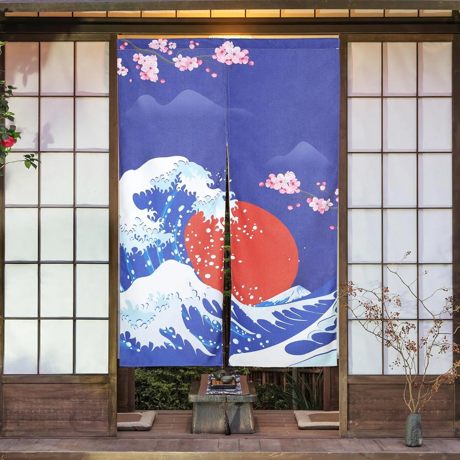 Japanese  Doorway Curtain Hokusai Ukiyoe Mount Fuji and Cherry Blossom Wall Hanging Long Type Printed Door Tapestries for