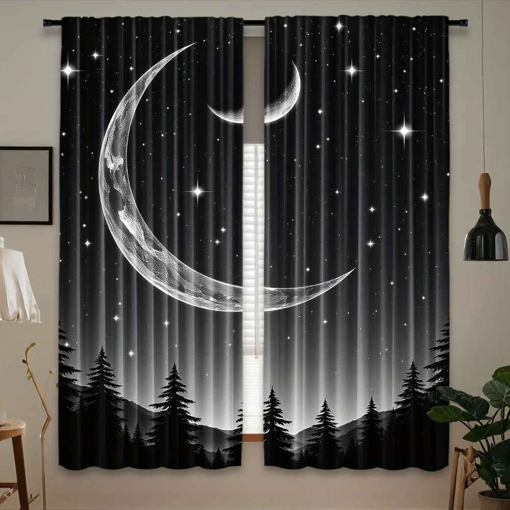 Crescent Moon Forest Curtain Panels, Silver Moon Starry Sky Pine Tree Nightscape Print Drapes for Mystic Bedroom Boho Living