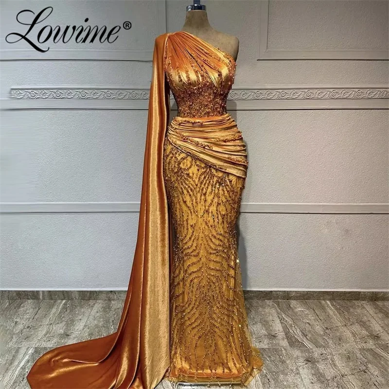 Orange Mermaid Evening Dress with Cap Sleeve Blue Pink Prom Dresses Long Customize Robes De Soirée Crystal Beaded Party Gowns