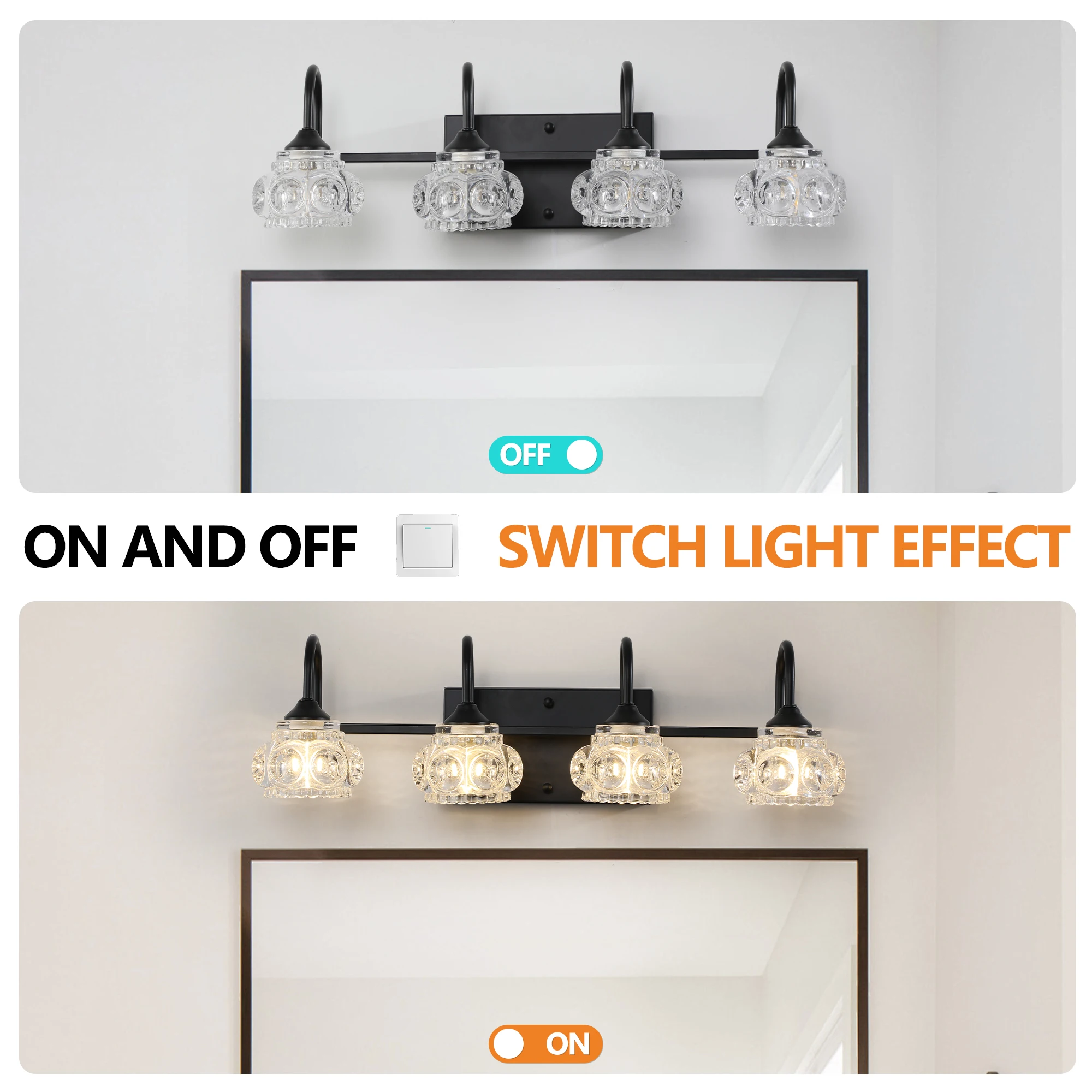 23" Retro 4-Light Bathroom Vanity Light Fixture - Black Finish with Crystal Glass Shades, Wall Mounted Lighting