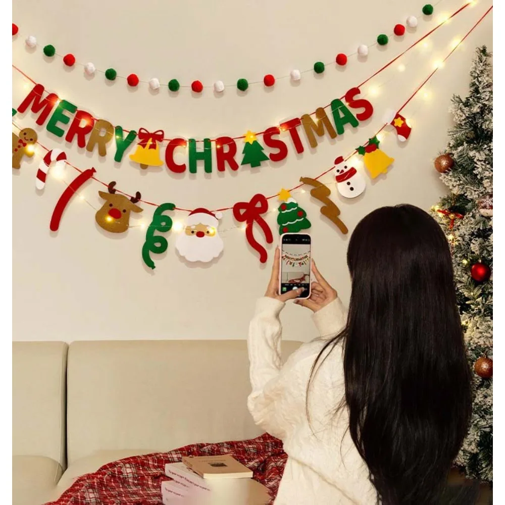 1pcs Handmade Christmas LED String Light Pull Flag Christmas Decorations for Home Merry Christmas Hanging Banner Background 2026