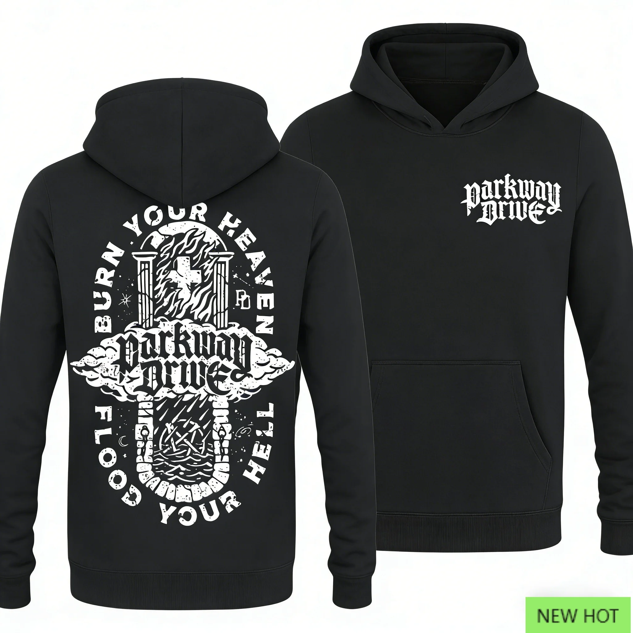 سترة بقلنسوة برسومات دينية داكنة من Parkway Drive، سويت شيرت ميتالكور، مثالي للمعجبين الذين يحبون نمط الفرقة والمتشددين Dark Vibe