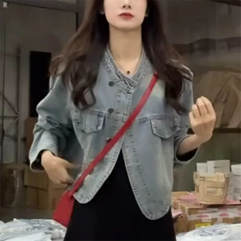 2025 الربيع والخريف جديد Vintage الدنيم سترة المرأة موضة س الرقبة طويلة الأكمام فضفاضة جينز غير رسمي معطف الإناث الملابس T1205