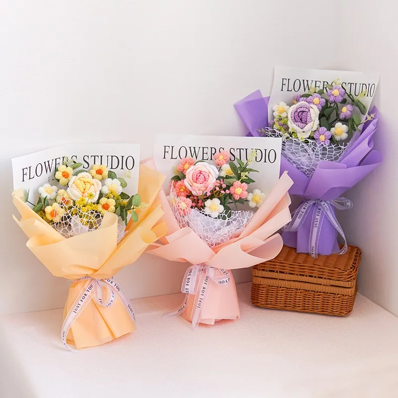 완성된 니트 꽃 해바라기 크로셰 꽃다발 창의적인 꽃 봉제 장난감 발렌타인 어머니의 날 생일 졸업 선물