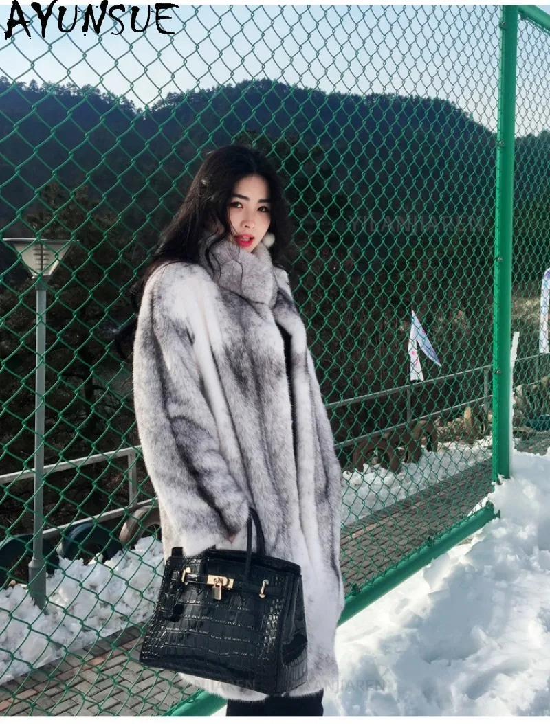 AYUNSUE Women Full Skin Cross Mink Fur Coat Stand Collar Real Mink Fur Jacket Female Winter Clothing Mid Lengh Loose Fit 2026