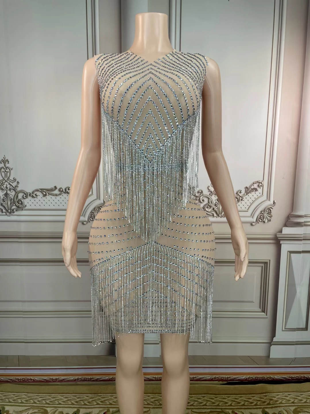 

Diamond Tassel Sexy Fashion Mesh Shiny Dress Women Dance Performance Costume Silver Rhinestones Birthday Party Dress for Summer
