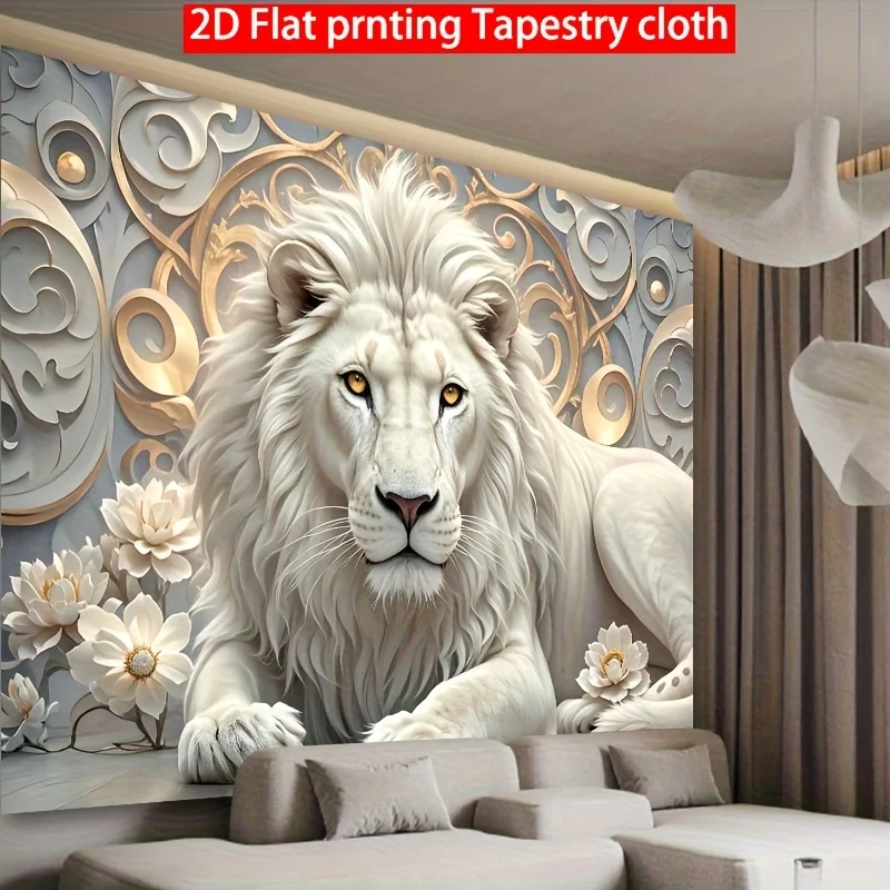 1pc Cloth 'Regal White Lion'  Tapestry – Ornate Floral Wall Hanging for Living Rooms & Luxurious Spaces, Featuring a Majestic