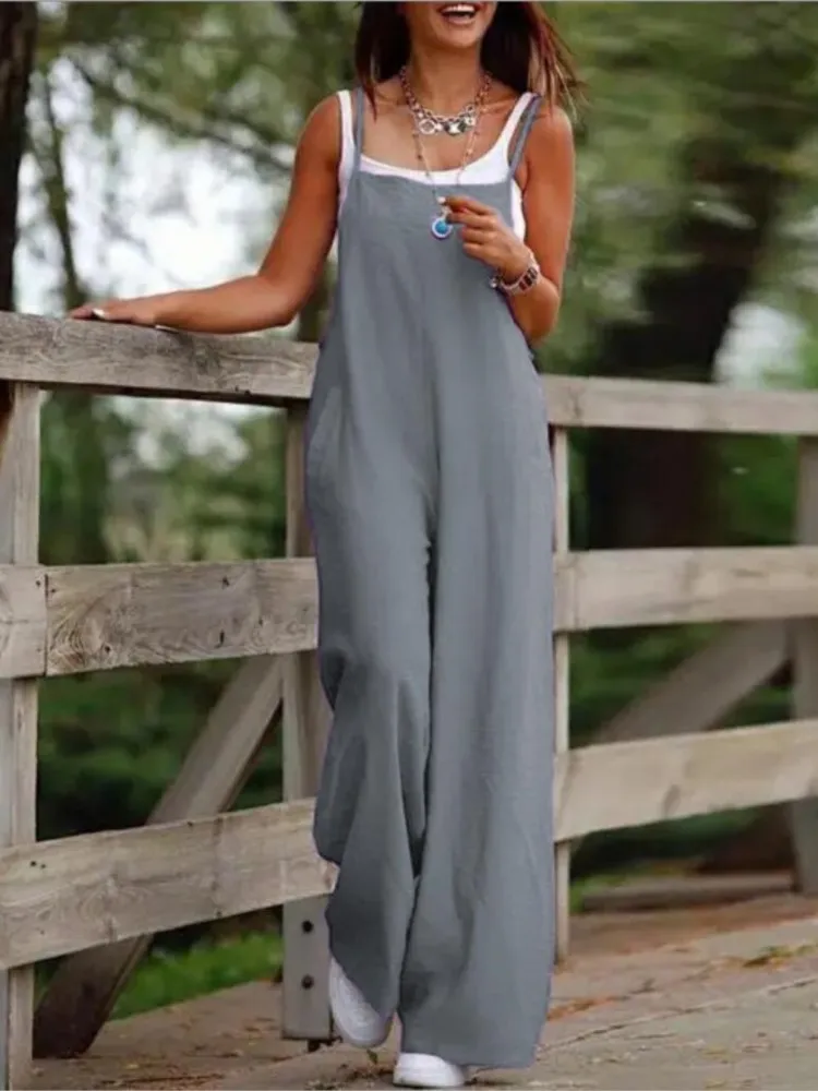 Einfache Stil Einfarbig Spaghetti Strap Overalls Frauen Mode Lässig Lose Breite Bein Hosen Overall Weibliche 2025, Sommer Neue