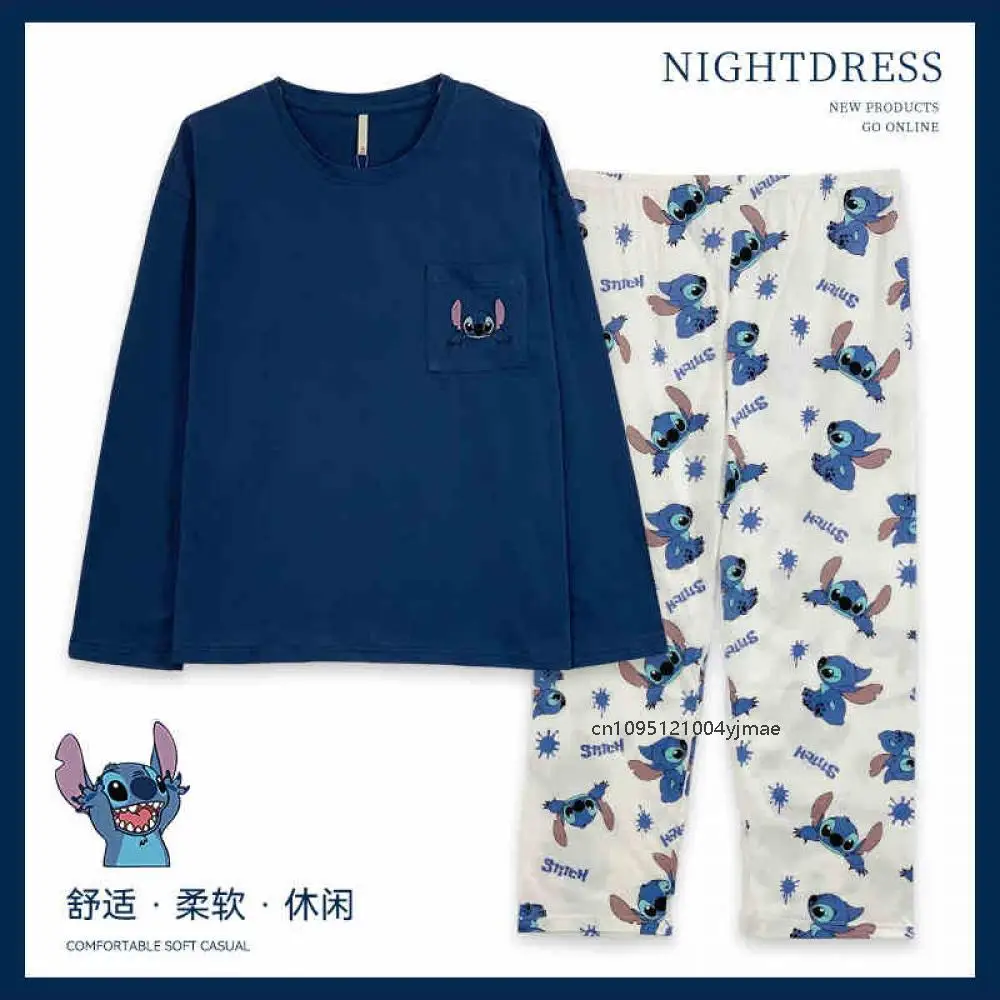 

Disney 2Pcs Stitch Spring Autumn Cartoon Thin Round Neck Pullover Pajamas Women's Long Models Can Be Worn Outside Loungewear Set