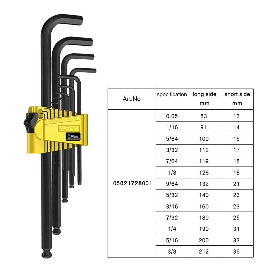 Wera 05021728001 L bentuk Imperial Hex Spanner Set 13 buah 0.05-3/8in BlackLaser kunci pas Anti korosi 950/13 Hex-Plus Imperial 1