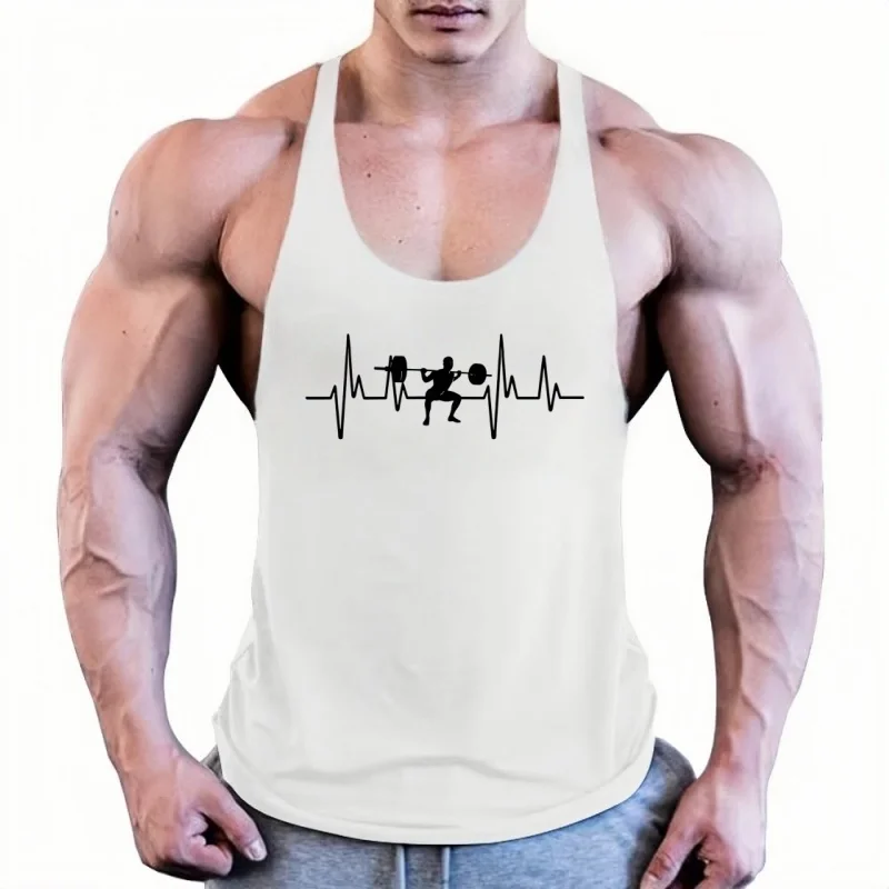 

Мужской жилет для тренировок в тренажерном зале — хлопковый жилет без рукавов с принтом Heartbeat для тяжелой атлетики, цельная одежда для тренировок на бретельках для бодибилдинга